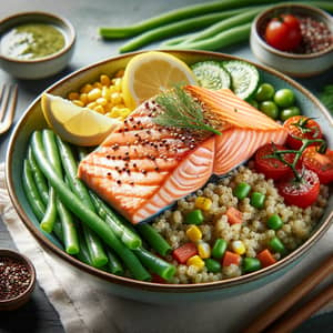 Vibrant Salmon with Steamed Quinoa and Fresh Vegetables