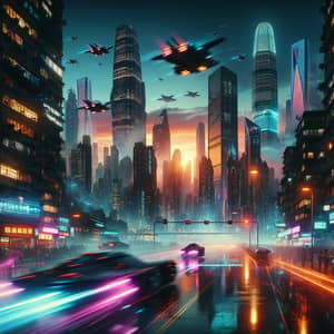 Bustling Metropolis at Dusk - Cyberpunk Cityscape with Neon Lights