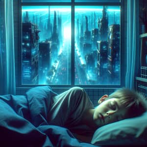 Boy Sleeping in Futuristic Cyberpunk Room