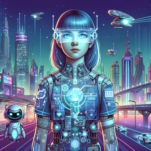 Futuristic Young Girl with Hi-Tech Visor and Robotic Companion