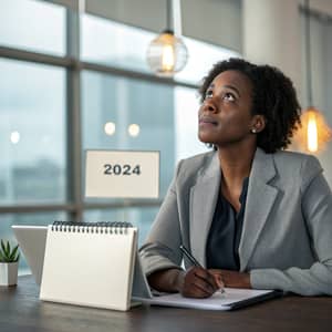 Focused Professional Woman Contemplating 2024 Goals