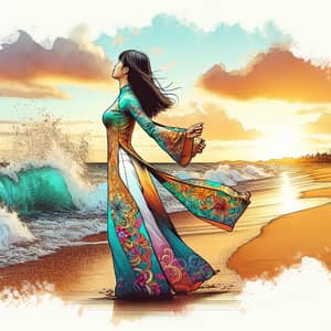 Vietnamese Girl in Vibrant Ao Dai Dress on Beach at Sunset