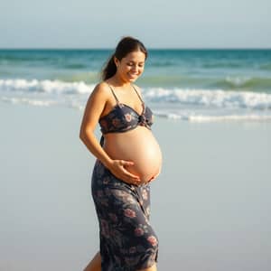 Happy Pregnant Mother Strolling on the Beach