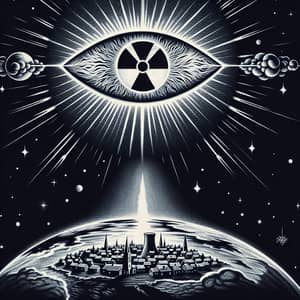 Divine Entity with Thermonuclear Eye Symbol Above Small Town