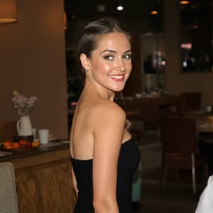 Elegant Brunette in Black Dress: Restaurant Elegance