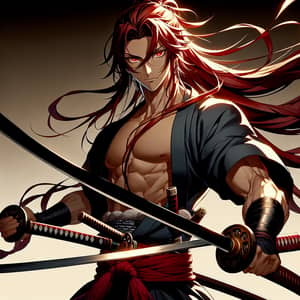 Muscular Anime Swordsman with Dual Katanas | Red-Haired Warrior