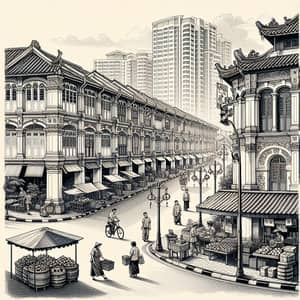 Chinatown Street Scene in Singapore: Ink Sketch Art