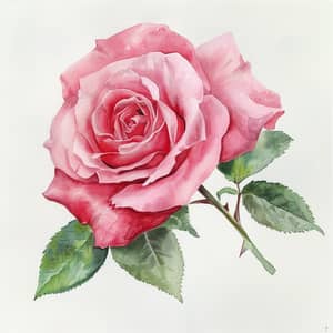 Watercolor Pink Rose with Green Foliage Art