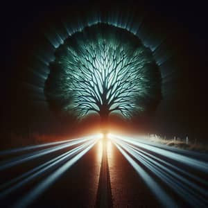 Surrealistic Tree Projection on Desolate Night Road