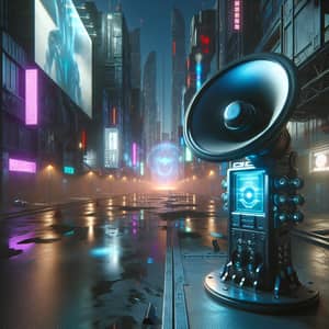 Futuristic Loudspeaker in Cyberpunk Street Scene