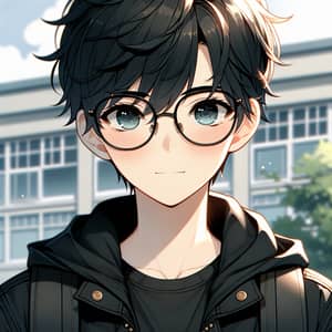 Youthful Anime-Style Boy with Glasses in Black Jacket