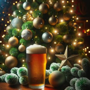 Frothy Beer in Festive Christmas Setting