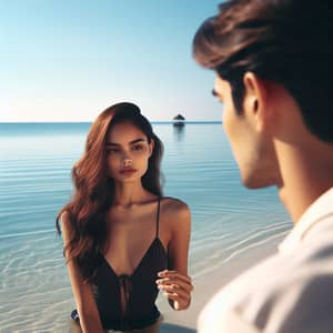 Romantic Scene: Young Woman Swimming in Ocean with Loving Guy