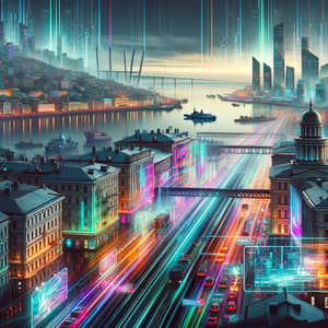 Cyberpunk Vladivostok: Neon Cityscape Fusion with Futuristic Russian Twists