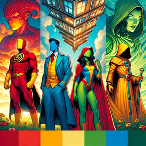 Vibrant Comic Book Cover with Four Unique Characters in Red, Blue, Green, Yellow