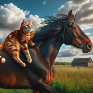 Orange Cat on Horse in Grassy Field | Countryside Scene