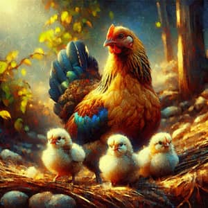 South Asian Mother Hen with Three Fluffy Chicks | Impressionist Style Art