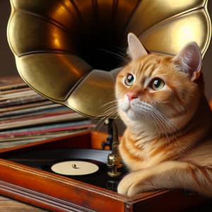 Ginger Cat Enjoying Music on Vintage Gramophone