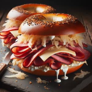 Delicious Bagel with Pastrami, Sauerkraut, Swiss Cheese