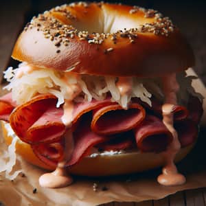 Savory Pastrami Bagel with Sauerkraut and Thousand Island Dressing