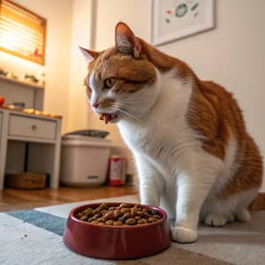 Adorable Ginger and White Cat Eating Kibble