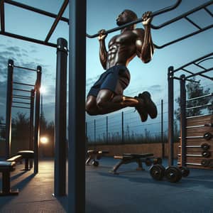 African Male Performing Muscle Up Exercise at Outdoor Gym