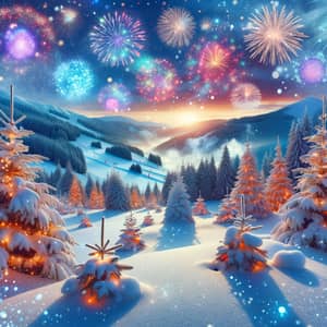 Winter Ski Slope: Snow-Covered Trees & Fireworks Display