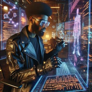 Cyberpunk Style African-American Software Developer Coding in High-Tech Office