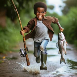 Young Black Child Joyfully Sprinting with Freshly Caught Fish