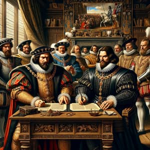 Henry VIII Signing Treaty of Ardres with Francis I