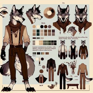 Full-Body Anthropomorphic Wolf Reference Sheet in Alternative Goth Aesthetic