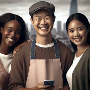 Smiling Grocer with Two Women | Festive Cityscape Background