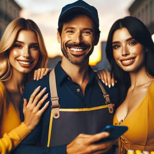 Smiling Hispanic Grocer with Two Women in Yellow Outfits