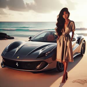 Photogenic South Asian Female with Ferrari 812 on Beach | Stunning Sunset Scene