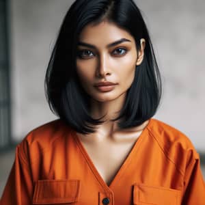 Striking South Asian Woman in Orange Prison Uniform