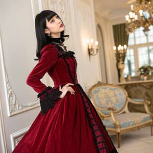 Victorian Woman in Red Velvet Dress with Black Accents