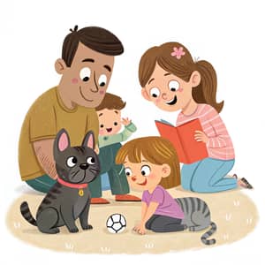 Animated Family Illustration with Pets