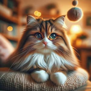 Fluffy Domestic Cat with Glossy Brown and White Fur