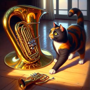 Curious Cat Meets Shiny Brass Tuba: A Playful Encounter