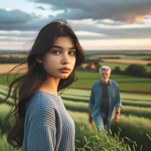 Teenage Girl Gazing at Distant Man in Quaint Countryside