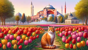 Hagia Sophia Mosque & Red Cat in Vibrant Tulip Field