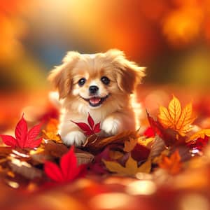 Cute Tibetan Spaniel Playing in Autumn Leaves - Joyful Scene