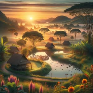 Serene Rural Landscape at Dawn: Picturesque Village Awakening