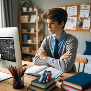 Caucasian Male Schoolboy in Engaging Online Lesson at Home