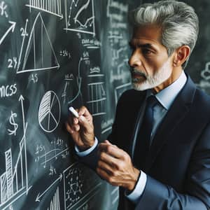 Experienced Businessman Analyzing Economics on Blackboard