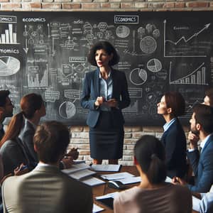 Hispanic Businesswoman Leading Economics Discussion in Diverse Meeting