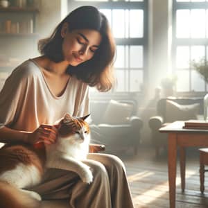 Hispanic Woman Stroking European Shorthair Cat