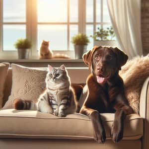 Playful Cat and Dog on Sofa by the Window