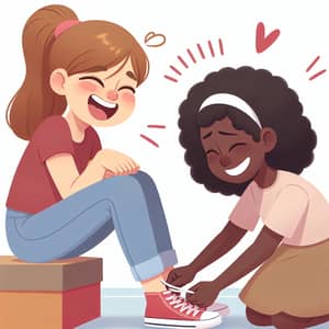 Joyful Sisterly Bond: Playful Shoelace Tying Scene