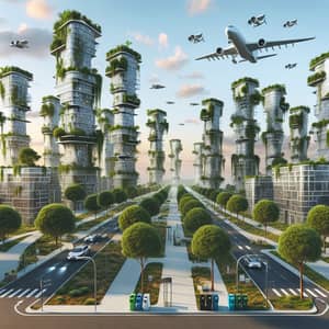 Futuristic Urban Landscape: Glass Skyscrapers & Flying Cars